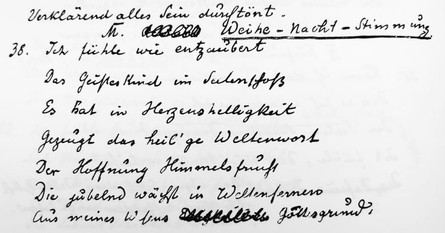 Spruch der Weihe-Nacht-Stimmung (achtunddreißigste Woche) des Anthroposophischen Seelenkalenders, Faksimile der Handschrift Rudolf Steiners