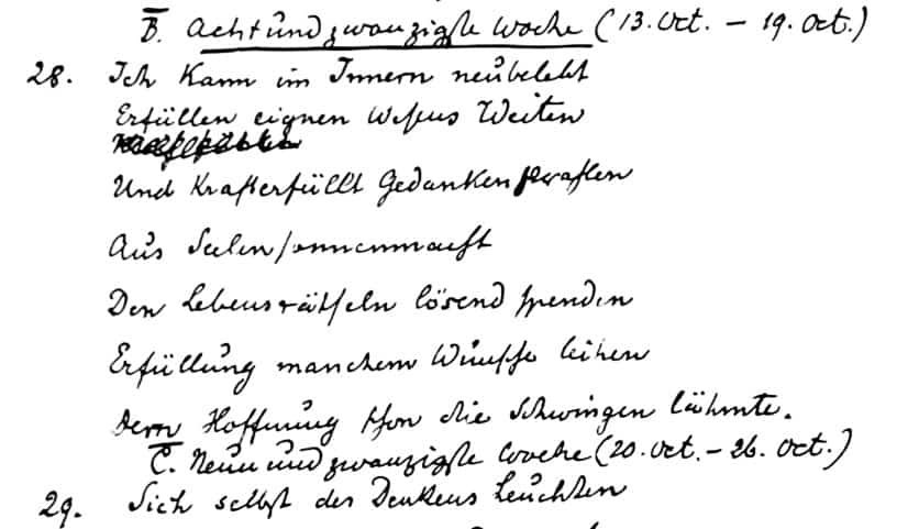 Handschrift des achtundzwanzigsten Wochenspruchs des Seelenkalenders