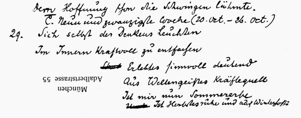 Handschrift des neunundzwanzigsten Wochenspruchs des Seelenkalenders