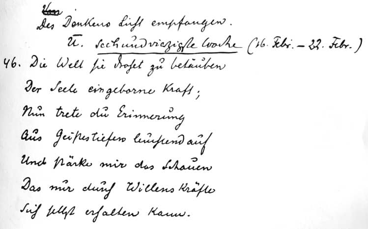 Handschrift des sechsundvierzigsten Wochenspruchs des Seelenkalenders